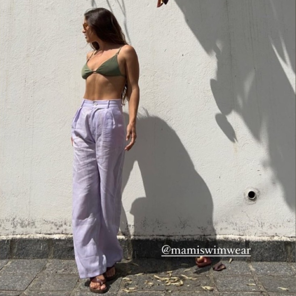 Mami Swimwear RTW Pasiflora 100% Linen Pleated Wide Leg Trousers in Lavender